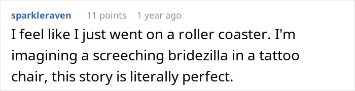 Reddit comment describing a bridezilla reacting emotionally to a bridesmaid refusing a matching tattoo.