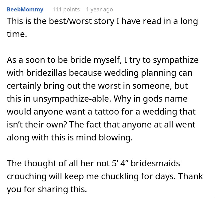 Text commentary on bride's reaction to bridesmaid's refusal of matching tattoos.