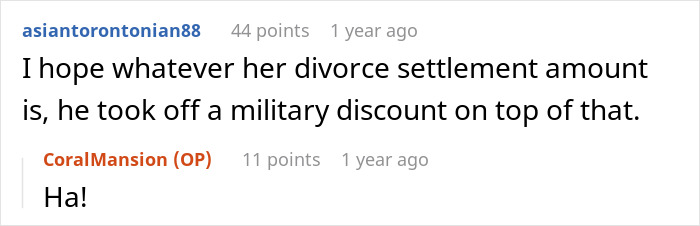 Reddit comment humorous take on divorce settlement and military discount.
