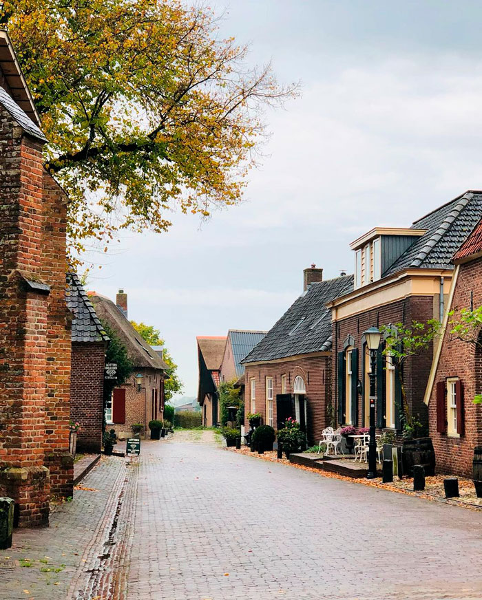 Street with red brick buildings 