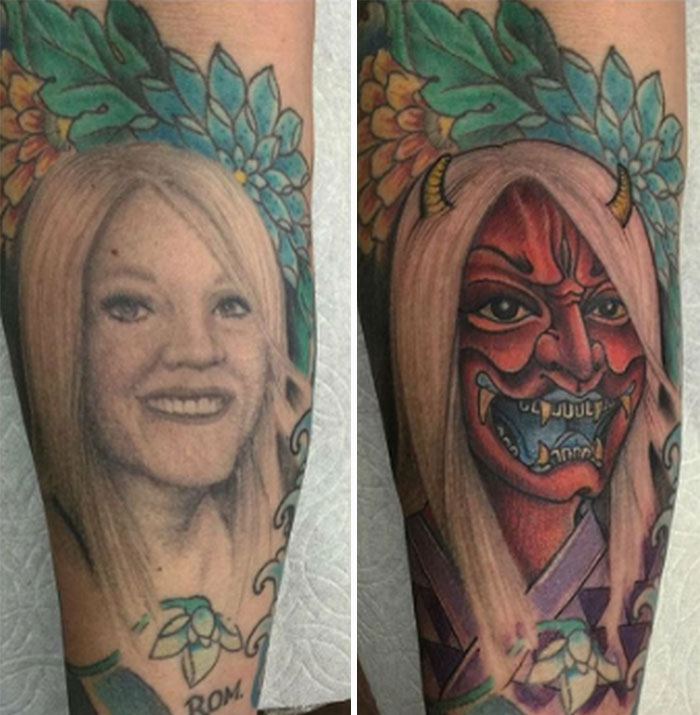 Funny tattoo of a smiling woman turning into a red demon, designed with floral accents.