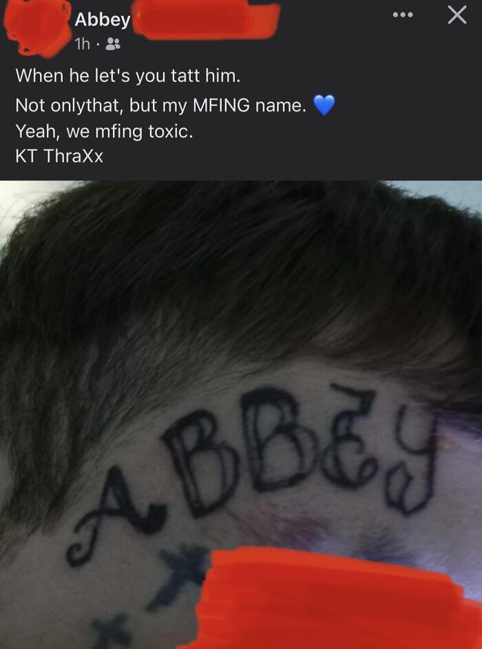 Face tattoo with "Abbey" in thick black ink, illustrating a permanent tattoo mistake.