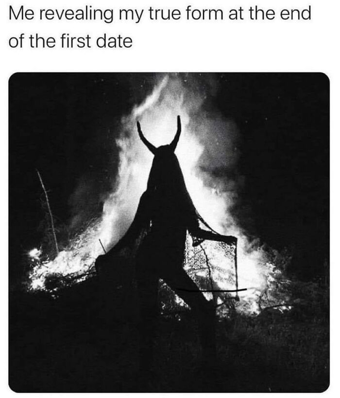 Silhouette of a person with horns in front of a fire, humorously depicting dating struggles.