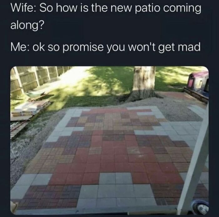 Meme of a patio designed like a pixel character, humorously depicting why I'm single.