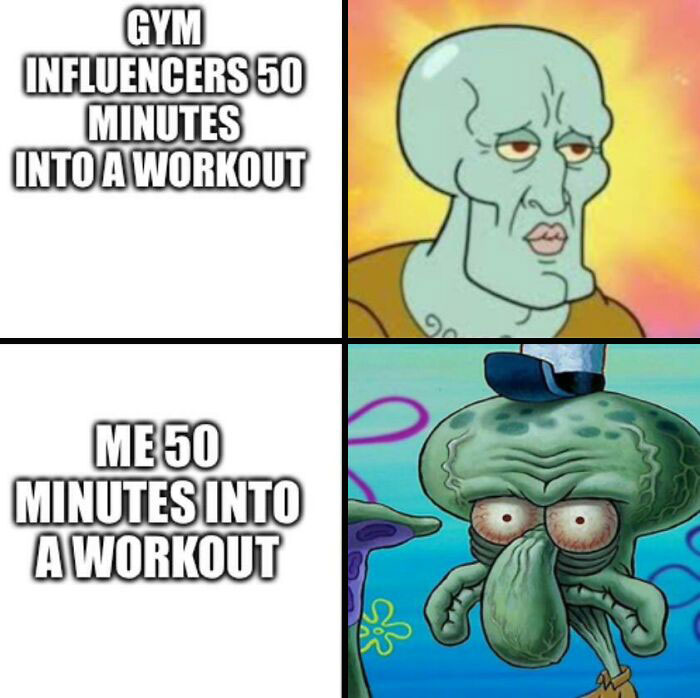 Handsome squid and tired squid meme comparing gym influencers vs. true gym rats after a workout.
