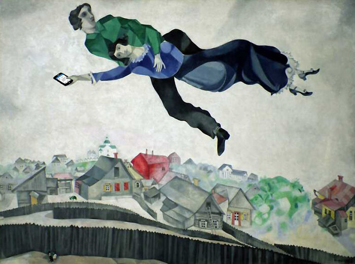 "News Of Kidnapping On Facebook" Based On "Over The Town" By Marc Chagall (1917-18)