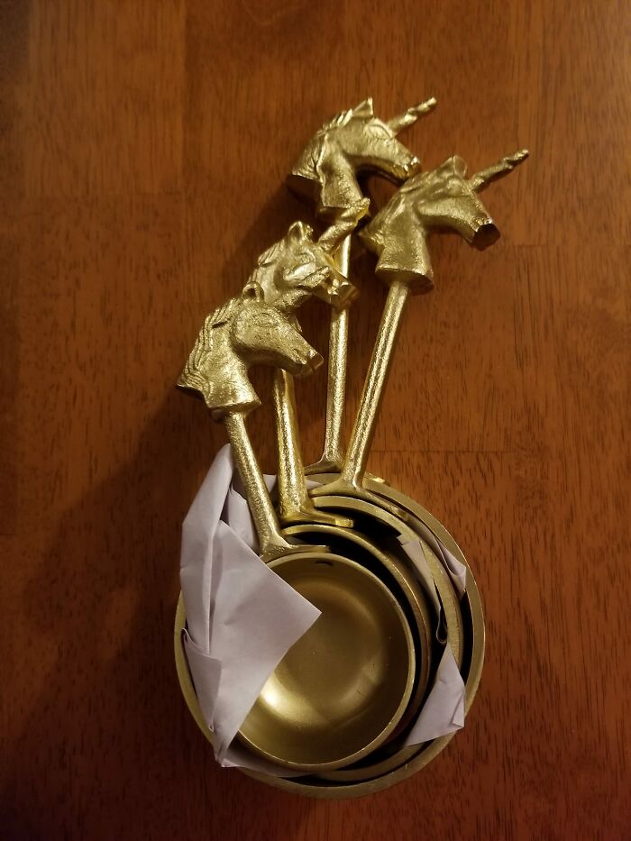 Purchased From An Antique Store Near Me. Brass Unicorn Measuring Cups. Bottoms Have Measurement Markings