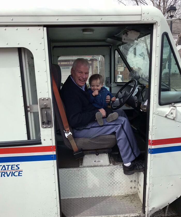 My Mother-In-Law Surprised My Father-In-Law On His Route Today With My Son. It's Hard To Tell Who Is Happier