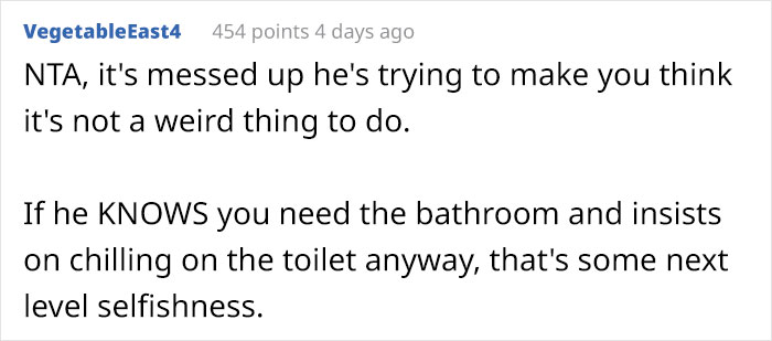 Guy Calls Wife A Jerk For Trying To Control His Bathroom Time, The Internet Says That He's The One Who Needs A Reality Check