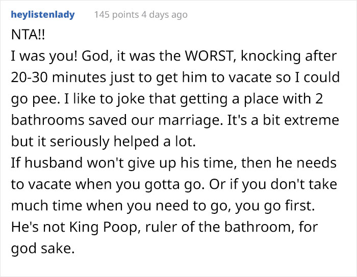Guy Calls Wife A Jerk For Trying To Control His Bathroom Time, The Internet Says That He's The One Who Needs A Reality Check