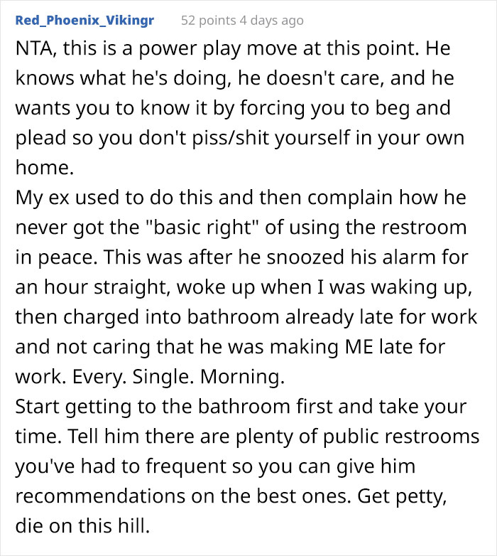 Guy Calls Wife A Jerk For Trying To Control His Bathroom Time, The Internet Says That He's The One Who Needs A Reality Check