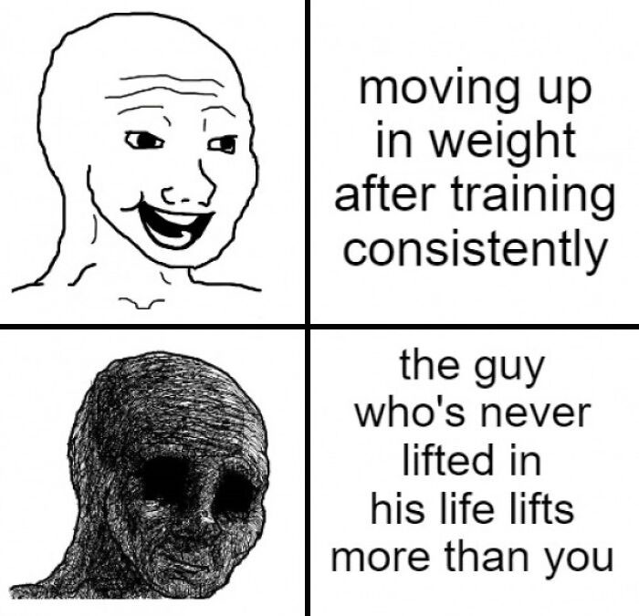 Gym meme with faces reacting to lifting progress and frustration from a beginner outperforming.