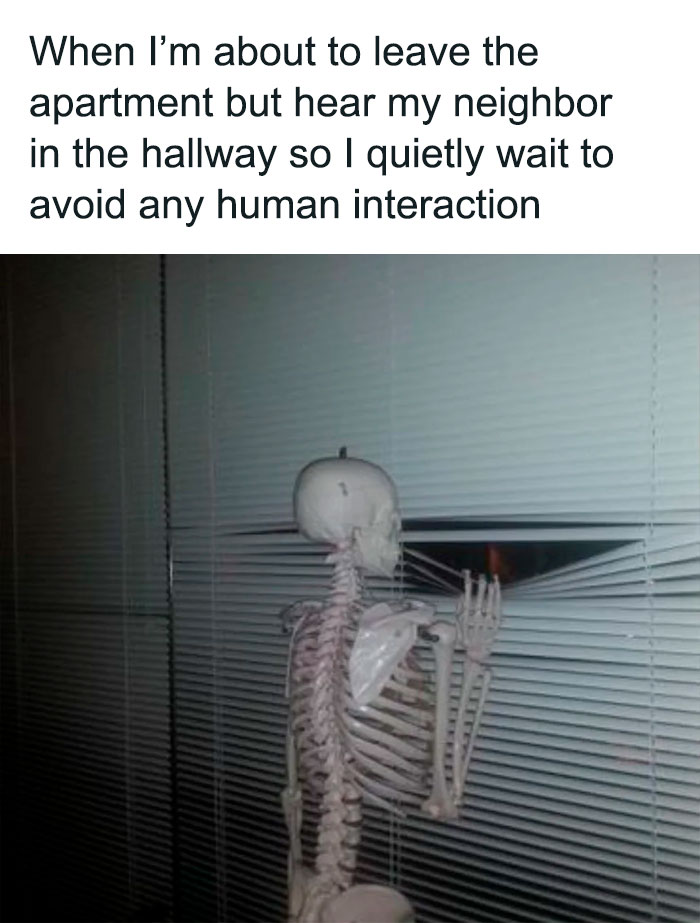 Skeleton peering through blinds, humorously depicting introvert struggles with avoiding neighbors.