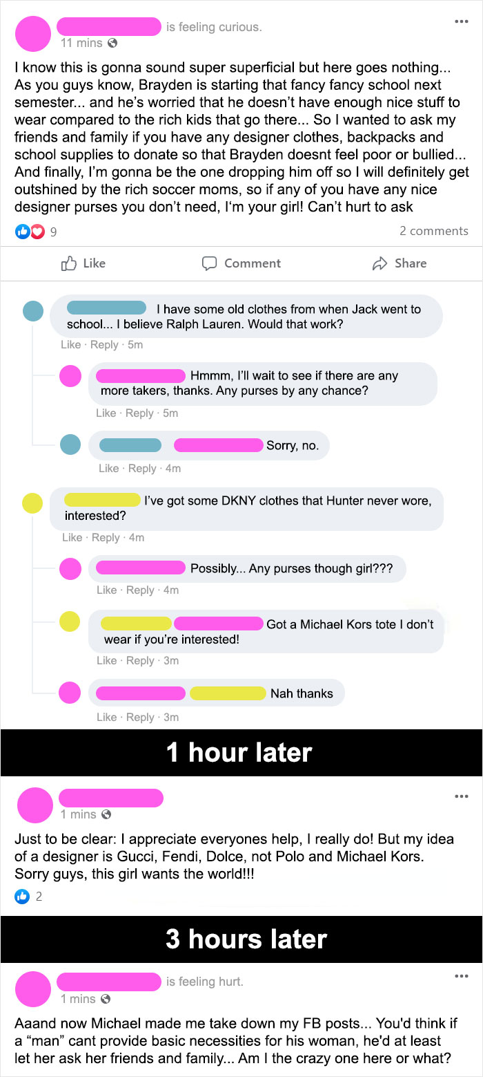 Fb Mom Wants To Feel Bougie To Show Up The Other Moms At Son's New School. Gets Generous Offers But "It's Not Gucci!"