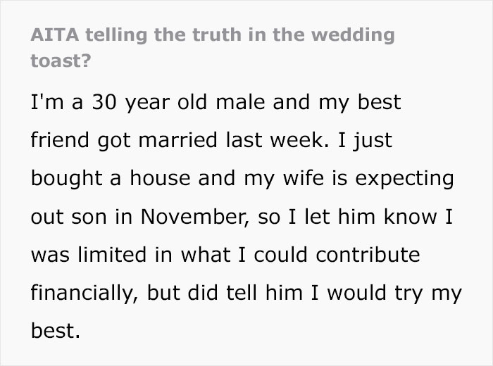 "If I Was A True Best Man, I Would Offer To Pay For The Bar Bill": Bridezilla Has A List Of Ridiculous Requirements For Best Man, He Surprises Her With A Toast "If I Was A True Best Man, I Would Offer To Pay For The Bar Bill": Bridezilla Has A List Of Ridiculous Requirements For Best Man, He Surprises Her With A Toast