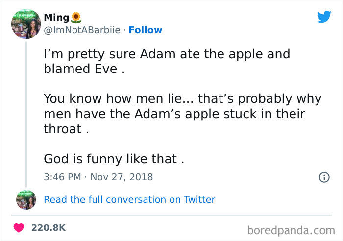 Humorous post about Adam's apple and blaming Eve, highlighting female problems with a witty twist.