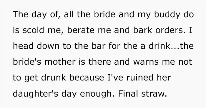 "If I Was A True Best Man, I Would Offer To Pay For The Bar Bill": Bridezilla Has A List Of Ridiculous Requirements For Best Man, He Surprises Her With A Toast "If I Was A True Best Man, I Would Offer To Pay For The Bar Bill": Bridezilla Has A List Of Ridiculous Requirements For Best Man, He Surprises Her With A Toast