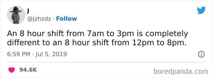 Tweet humorously comparing two 8-hour retail work shifts, highlighting retail struggles.