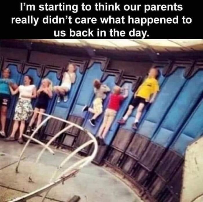 Gen X life meme of children stuck to a spinning amusement ride wall, highlighting carefree past times.