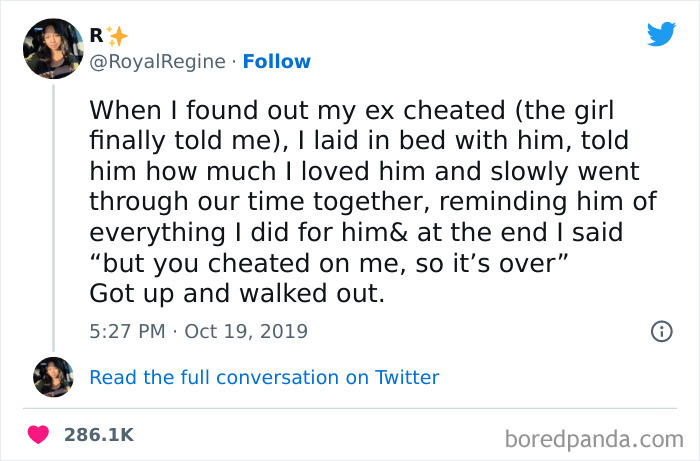 A humorous meme resonates with women, featuring a tweet about confronting an ex after cheating, posted by @RoyalRegine.