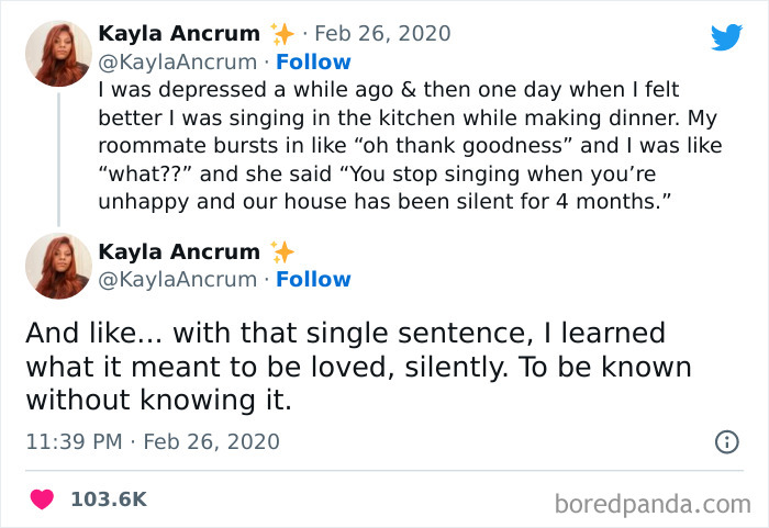 Tweet about relatable female problems, involving a roommate's reaction to kitchen singing, highlighting silent understanding.