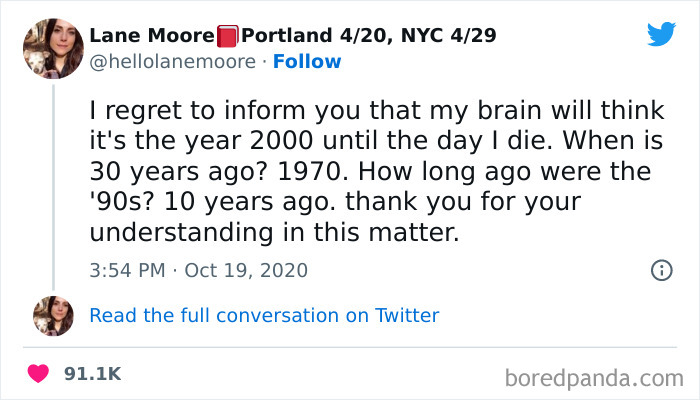 Humorous tweet about aging perceptions and nostalgia from older generations.