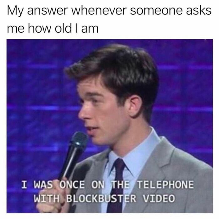 Gen X life meme featuring a comedian holding a microphone with text about phoning Blockbuster Video.