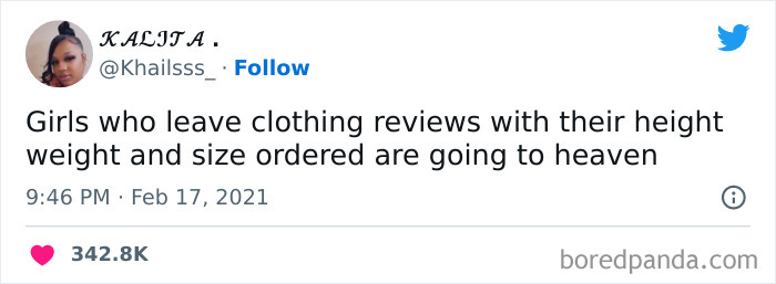 A humorous post about women leaving detailed clothing reviews with height, weight, and size ordered on social media.