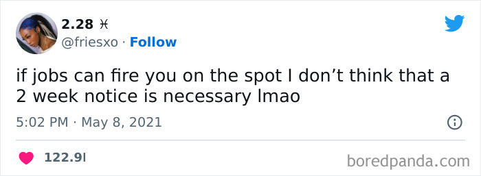 Tweet about the struggle of working in retail, questioning the need for a two-week notice if jobs can fire instantly.