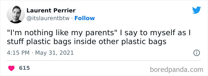 Tweet humorously comparing habits with parents, referencing plastic bags; part of 'I'm Old' funny posts series.