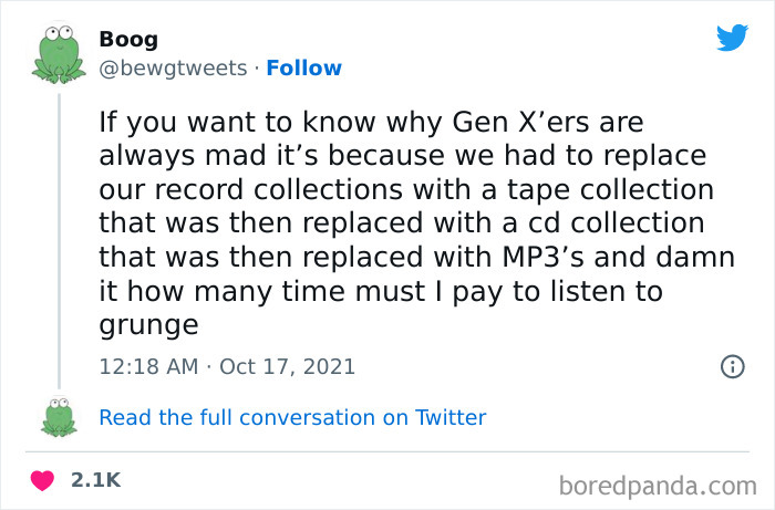 Tweet humorously laments Gen X's music format changes over time, from records to MP3s, reflecting an "I'm Old" sentiment.