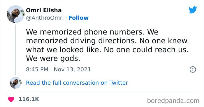 Tweet humorously reflects on remembering phone numbers, aimed at younger generations.