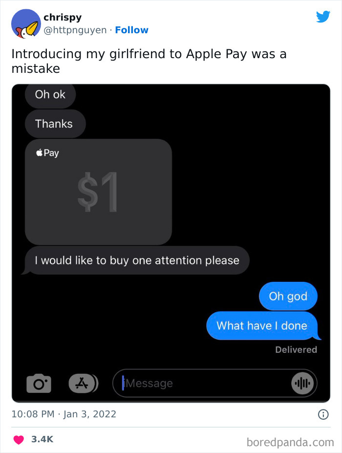 Text exchange joke about introducing girlfriend to Apple Pay, highlighting humorous female problems.