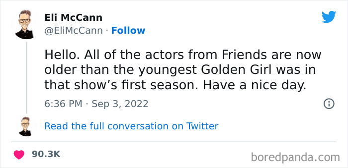 Tweet humorously comparing "Friends" actors' ages to "Golden Girls", perfect for those feeling old.