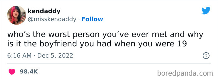 Tweet humorously resonating with women, questioning if their worst person was their 19-year-old boyfriend.