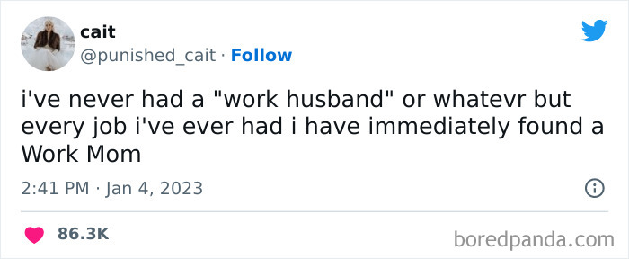 Humorous post about finding a "Work Mom" at every job, resonating with women's experiences.