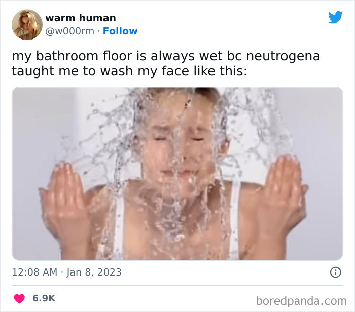 Woman humorously splashing water on face, depicting typical female problem of messy bathroom routine.