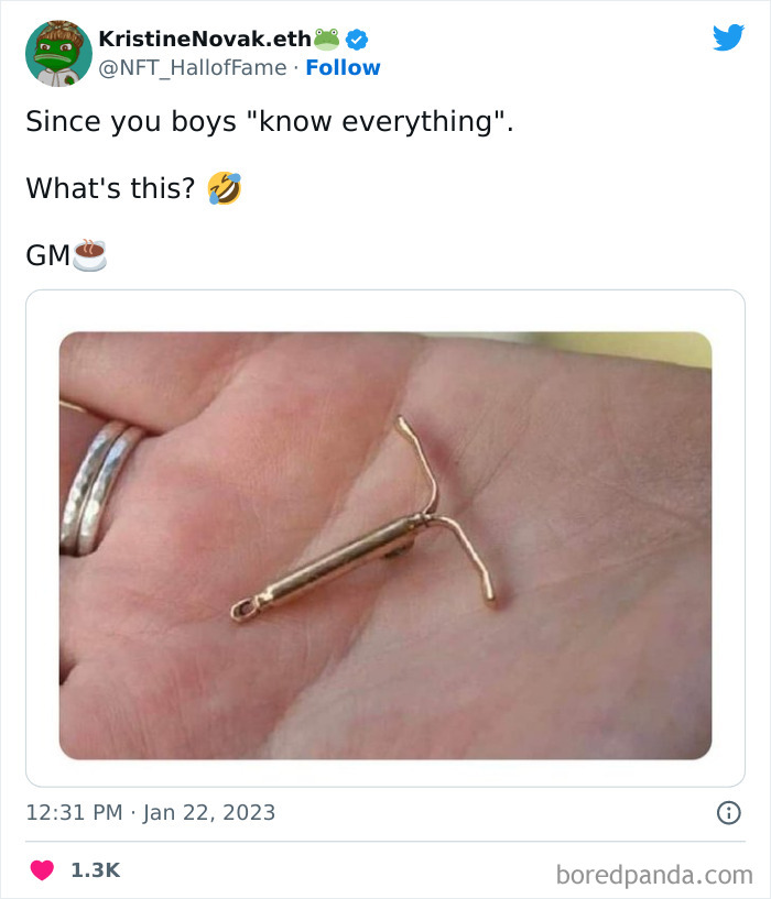 Hand holding a small gold object with a humorous caption highlighting female problems.