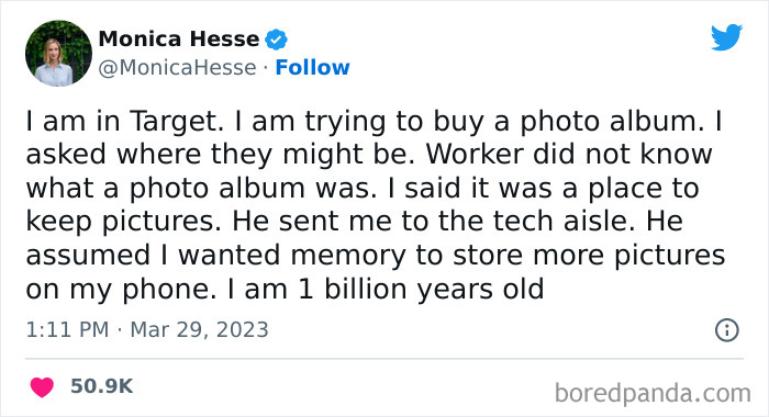 Tweet about trying to buy a photo album in Target, highlighting generational gap humor.