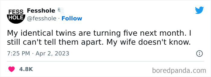 Tweet confession about not being able to tell apart five-year-old identical twins.