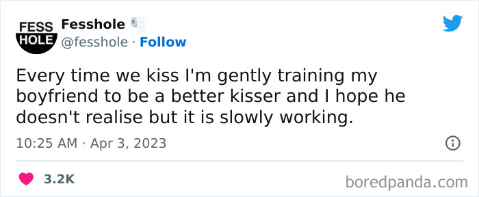 Tweet from Fesshole confessing about secretly training a boyfriend to kiss better.