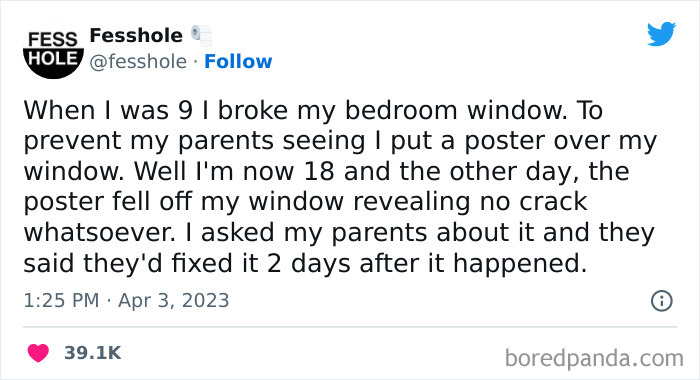 Tweet confessing a secret about breaking a window as a child, covered with a poster, later revealed to have been fixed.