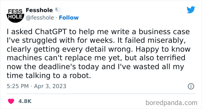 Tweet from Fesshole about a confession related to relying on AI, with humorous insight on robots and deadlines.