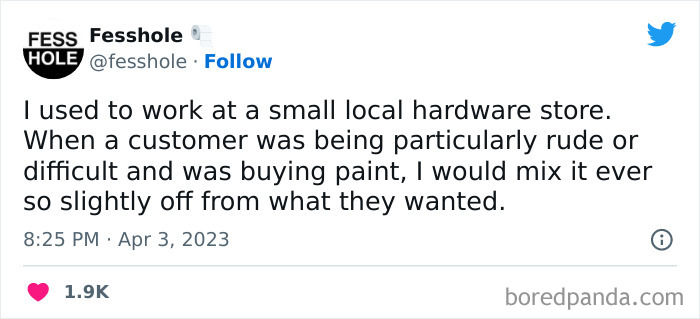 Tweet confessing to altering paint colors for rude customers at a hardware store, shared on ‘Fesshole’.