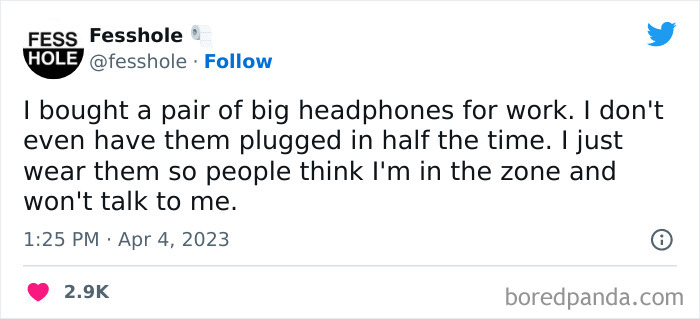 Tweet confession about using big headphones at work to avoid conversations.