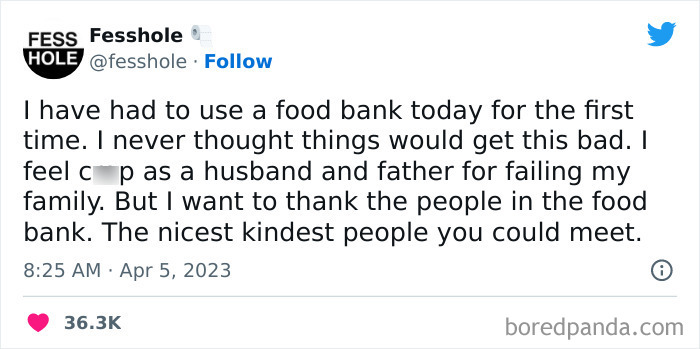 Tweet confessing the use of a food bank for the first time, expressing gratitude, shared on Fesshole's account.