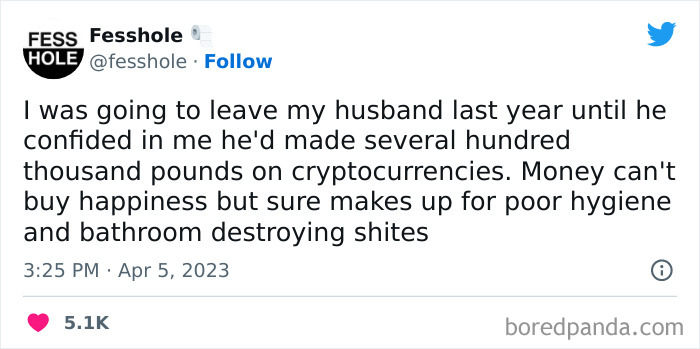 Tweet from Fesshole sharing a humorous confession about money, marriage, and cryptocurrency investments.