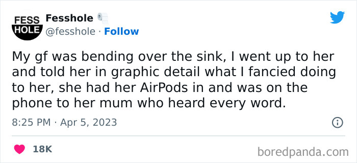 Text confession tweet from Fesshole account about an awkward moment involving AirPods and a phone call.
