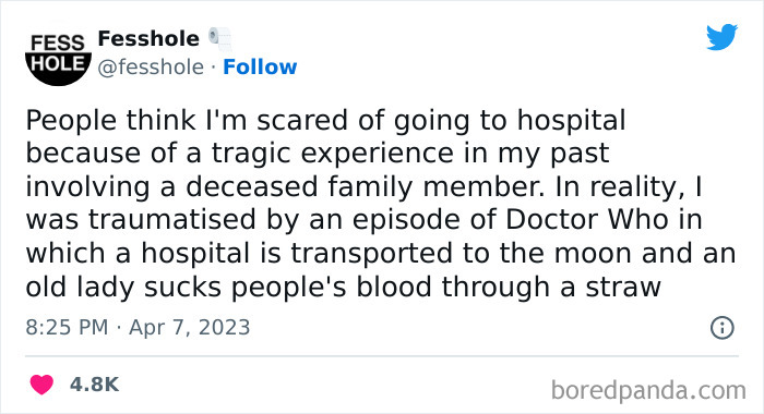 Tweet confessing a secret fear about hospitals due to a traumatic Doctor Who episode, shared by Fesshole.
