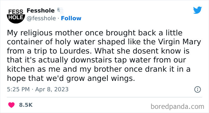 Tweet confession about replacing holy water with tap water, hoping to grow angel wings.